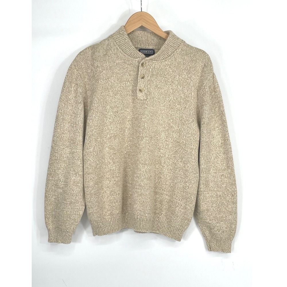 Lands End Mens Sweater L Henley Mock Neck Tan Marled Cotton Knit Preppy Grandpa
